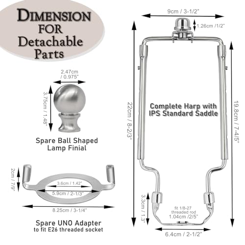 EMNOOTI 7 8 9 10 inch Lamp Shade Harp Holder,Adjustable Lamp Harp Kit,Fit Both Standard Lamp Rod and E26 Light Base UNO Fitter Adapter,with 2 Shade Attaching Finial Top (Silver Color - 1 Set) - Image 5