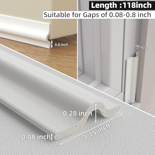 KAYLEINSTER 118 inch Weather Stripping Door Seal Strip for Bottom of Door,Self-Adhesive Window Draft Stopper Foam Seal Strip,Soundproof Window Insulation Weather Strip for Winter Gap Blocker(White) - Image 3
