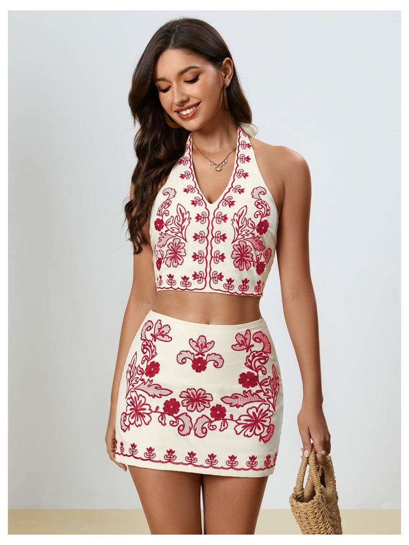 MakeMeChic Women's 2 Piece Skirt Set Cowboy Chic Halter Linen Vacation Set Floral Embroidery Outfits Red Small - Image 4