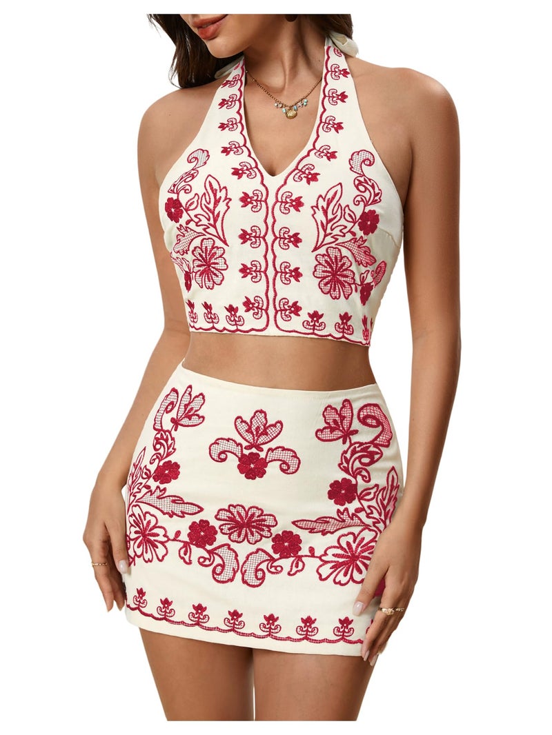 MakeMeChic Women's 2 Piece Skirt Set Cowboy Chic Halter Linen Vacation Set Floral Embroidery Outfits Red Small - Image 1