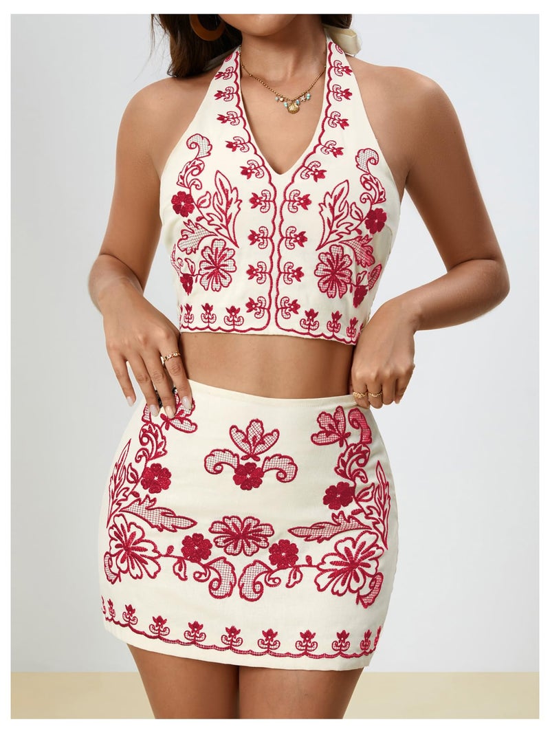 MakeMeChic Women's 2 Piece Skirt Set Cowboy Chic Halter Linen Vacation Set Floral Embroidery Outfits Red Small - Image 3
