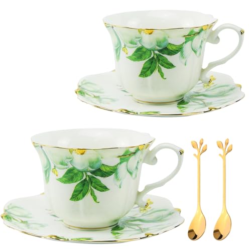 TATSUMI Country Roses Bone China Tea Cup and Saucer Set, 6 Pieces, Vintage Style, For Women and Tea Parties（Green，2 sets） - Image 1