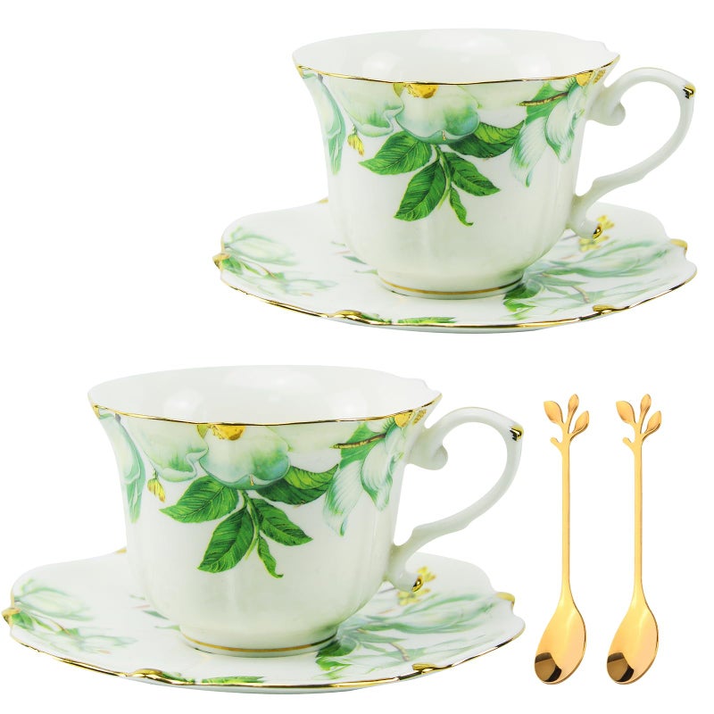 TATSUMI Country Roses Bone China Tea Cup and Saucer Set, 6 Pieces, Vintage Style, For Women and Tea Parties（Green，2 sets） - Image 4