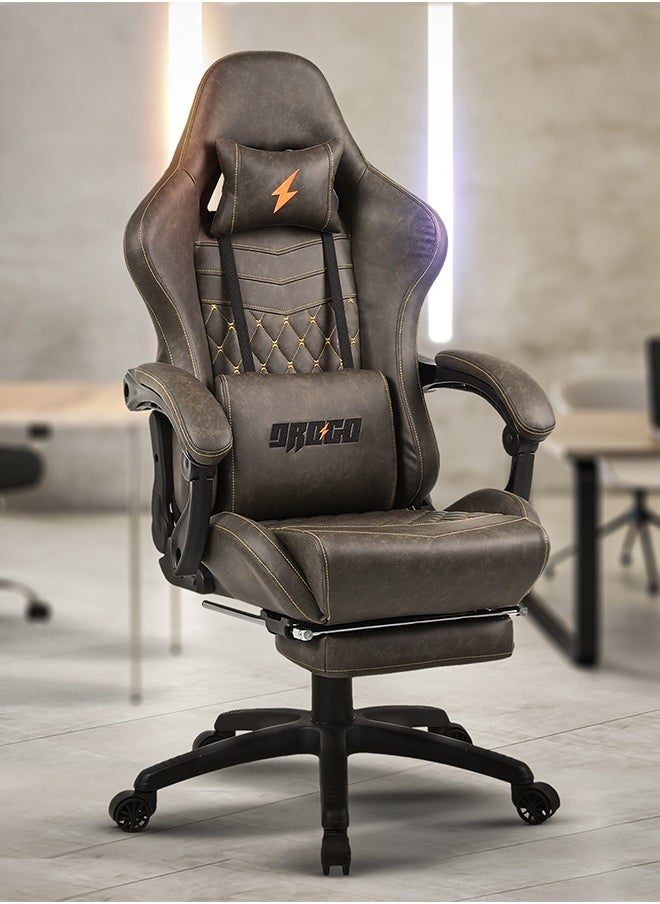 DROGO Ergonomic Gaming Chair with 7 Way adjustable Seat Leather Material Desk Chair Head & USB Massager Lumbar Pillow Video Games Chair Home Office Chair with Full Reclining Back Footrest Brown  - Image 1