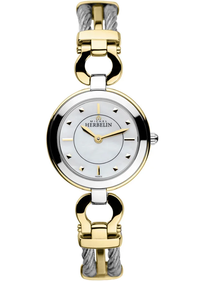 ميشيل هيربيلين Cable Collection Women's Analog Quartz Watch With Stainless Steel & Gold Case &  White Mop Dial - M MH CAB17425/BT19