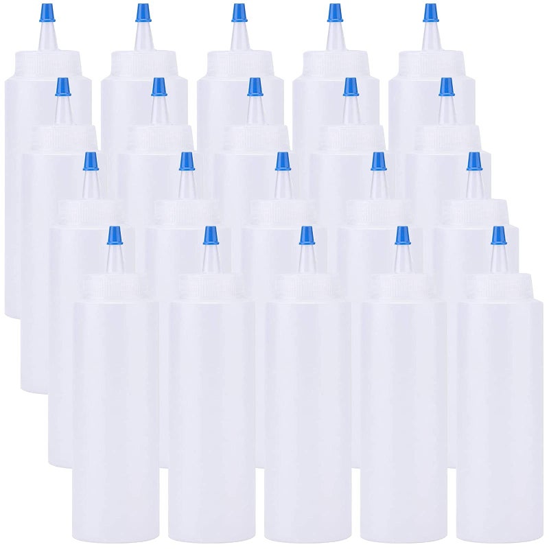Fasmov 20 Pack 8-ounce Plastic Condiment Squeeze Squirt Bottles, Plastic Squeeze Bottles with Blue Tip Cap for Ketchup, Sauces, Salad Dressings, Crafts and More - Image 1