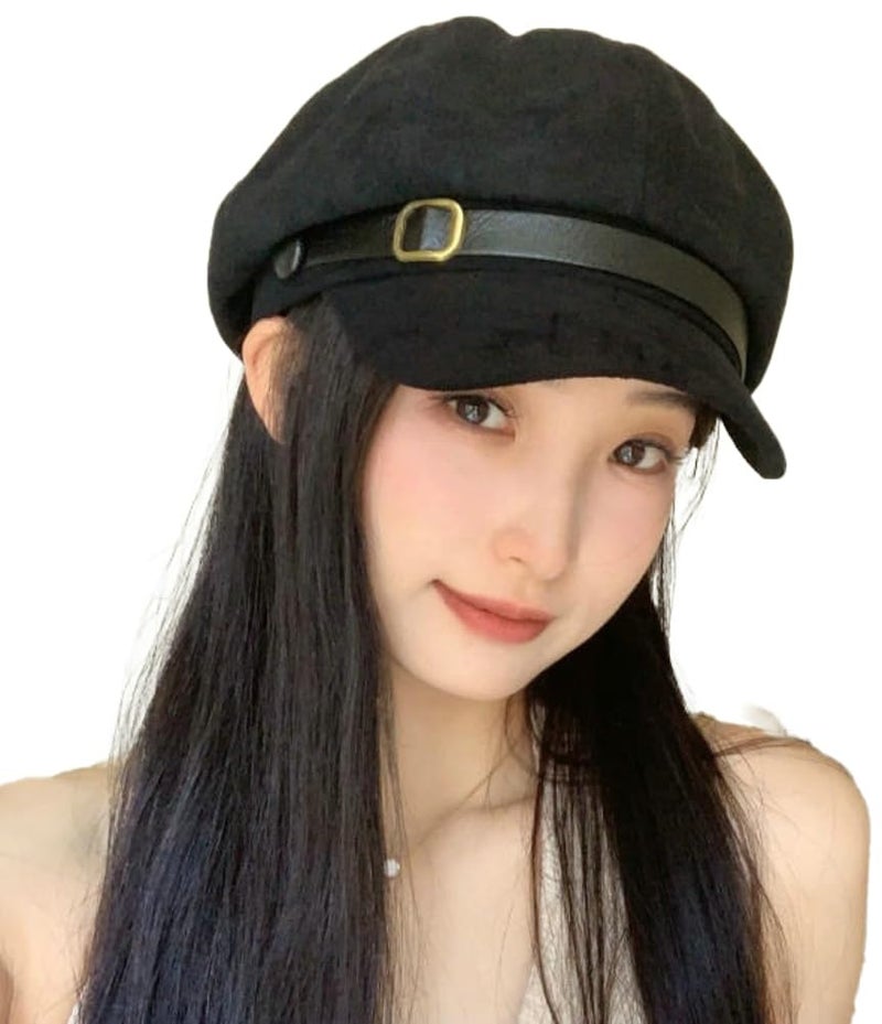 EMGILL Vintage Newsboy Hats Winter Suede Caps Women's Octagonal Hat Fashion Gatsby Cabbie Baker Visor Beret Hat Black - Image 1