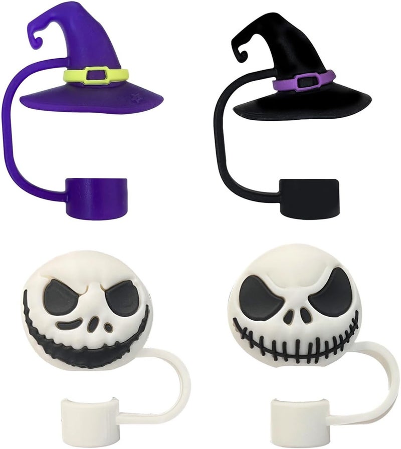 LYLYNB 4Pcs Halloween Stanley Cup Straw Cover 10mm 0.4in Reusable Drinking Straw Toppers Witch Hat Ghost Straw Tip Covers Halloween Design Silicone Straws Protector Funny Cup Decorations Supplies - Image 1
