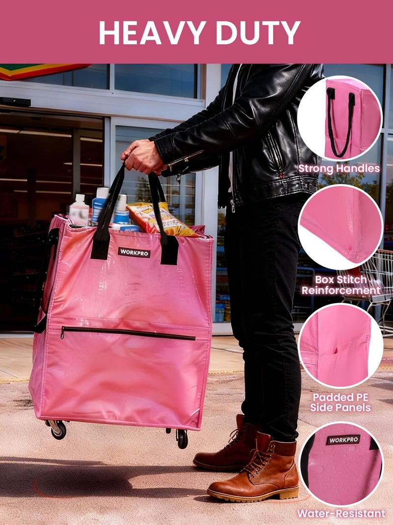 WORKPRO Medium Reusable Grocery Bag on Wheels, Heavy Duty Rolling Shopping Tote with Handle, Folding Trolley on 4 Caster Wheels for Groceries, Laundry, Camping, Moving - Image 4