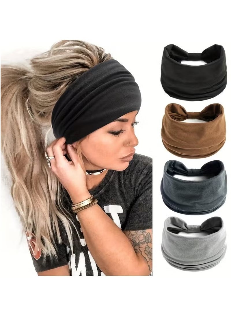 Generic 4Pcs Wide Sport Headbands for Women, Stylish Solid Color Elastic Head Wraps, Boho Thick Hairbands, Large Athletic Yoga Turban Headband Hair Accessories  - Image 1