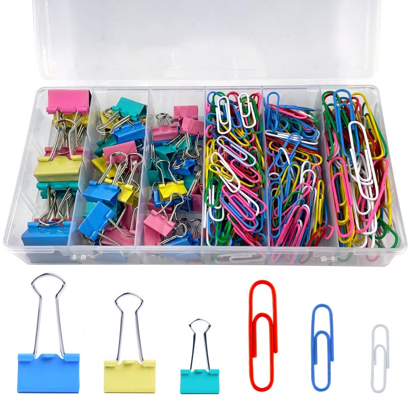 DENGXINWEI 320PCS Paper Clips Binder Clips,Colored Paperclips and BinderClips Assorted Sizes(S/M/L),Colored Office Clips Set,Paper Clamps,Colorful Binder Clips for Office School Supplies Document Organizing - Image 1
