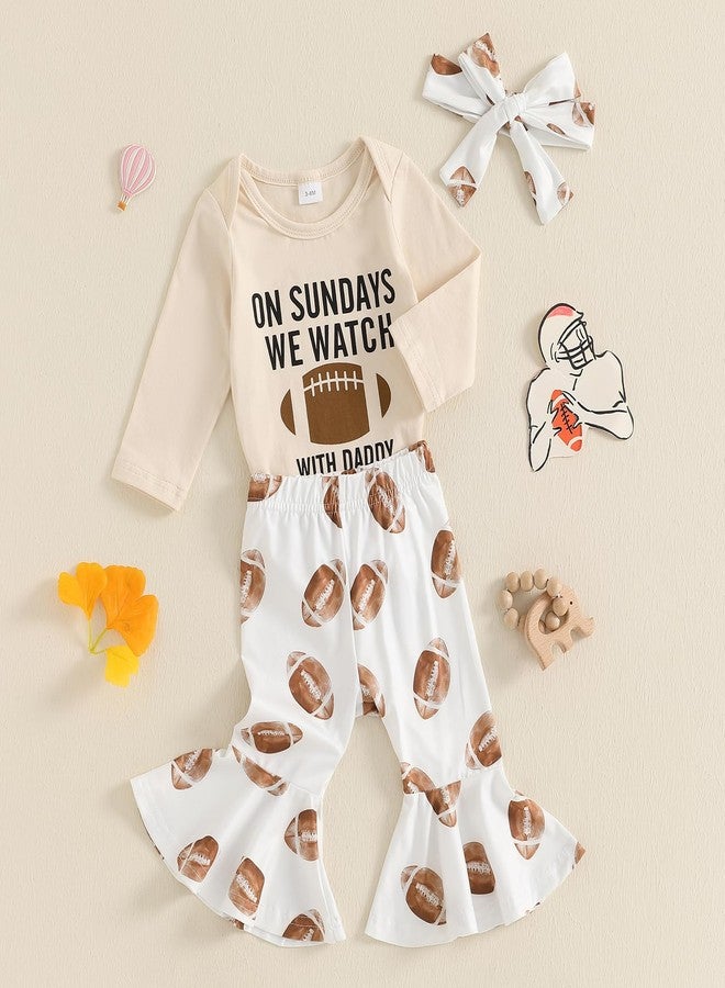 Karuedoo Newborn Baby Girl Football Outfit On Sundays We Watch Football with Daddy Romper Flared Pants Headband 3 Piece Set (Apricot, 6-12 Months) - Image 4
