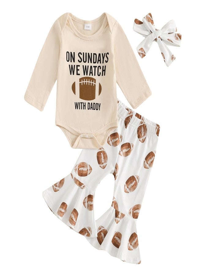 Karuedoo Newborn Baby Girl Football Outfit On Sundays We Watch Football with Daddy Romper Flared Pants Headband 3 Piece Set (Apricot, 6-12 Months) - Image 1