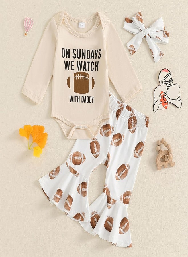Karuedoo Newborn Baby Girl Football Outfit On Sundays We Watch Football with Daddy Romper Flared Pants Headband 3 Piece Set (Apricot, 6-12 Months) - Image 2