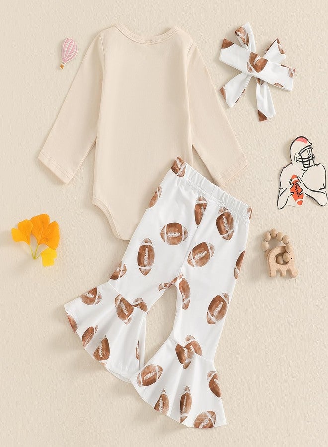 Karuedoo Newborn Baby Girl Football Outfit On Sundays We Watch Football with Daddy Romper Flared Pants Headband 3 Piece Set (Apricot, 6-12 Months) - Image 3
