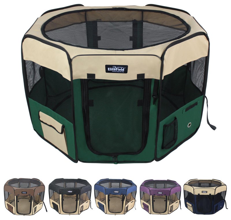 EliteField 2Door Soft Pet Playpen 2 Year Warranty Exercise Pen Multiple Sizes and Colors Available for Dogs Cats and Other Pets 30 x 30 x 20H BeigeGreen