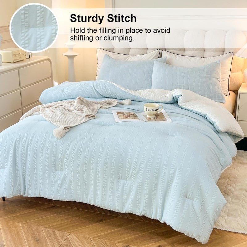 tohrisa Boho Comforter Set Full Size Striped Pleats Bohemian Seersucker Bedding Set All Season Soft Cozy 3 Pieces Quilt with 2 Pillowcases(80"X90" Light Blue) - Image 2