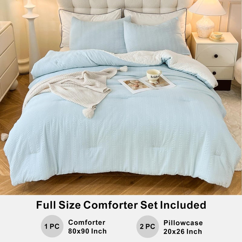 tohrisa Boho Comforter Set Full Size Striped Pleats Bohemian Seersucker Bedding Set All Season Soft Cozy 3 Pieces Quilt with 2 Pillowcases(80"X90" Light Blue) - Image 5