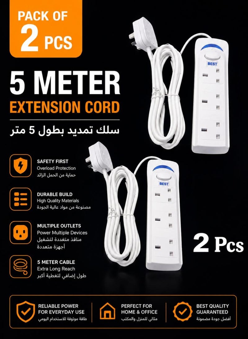 Best 5 Meter  (2 Pcs) Best Power Strip Extension Cord 3-Way 5 Meter,3-Outlets, Extra Long Cable,Power Socket Extention For Home,Office,Kitchen and Travel,(White) ((5Meter)) ((Pack Of 2)) - Image 1