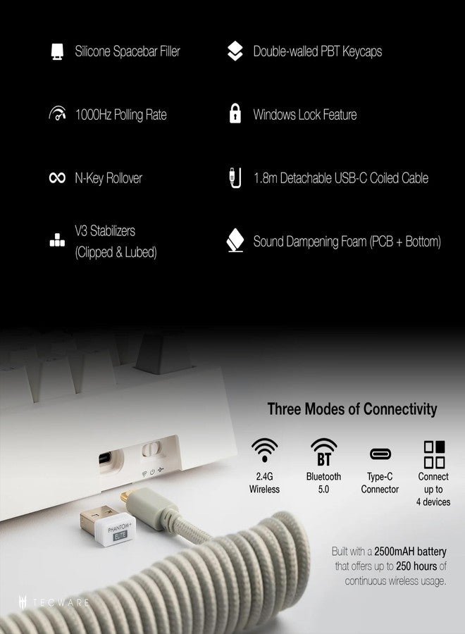 TECWARE Phantom+ Elite 87 Key RGB Mechanical Gaming Keyboard | 3 Mode Wireless Bluetooth 5.0 2.4GHz & USB C Wired | Hot Swappable 5 Pin | Double Shot PBT Keycaps | Wraith Red Switch - White - Image 4