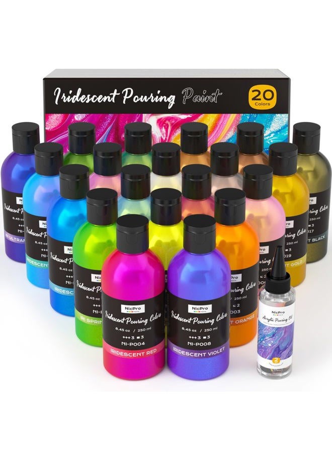 Nicpro 20 Colors Iridescent Metallic Acrylic Pour Paint Supplies Kit, 8.45oz Large Ready to Pour Premixed High Flow Pouring Paint Set with Silicone Pouring Oil, Gloves, Instructions for Beginner DIY - Image 1