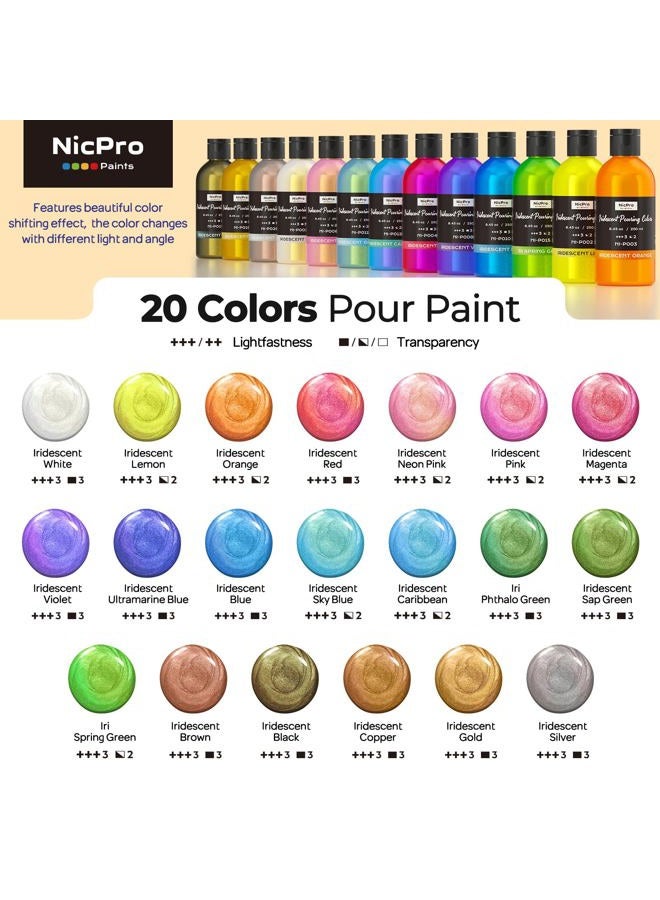 Nicpro 20 Colors Iridescent Metallic Acrylic Pour Paint Supplies Kit, 8.45oz Large Ready to Pour Premixed High Flow Pouring Paint Set with Silicone Pouring Oil, Gloves, Instructions for Beginner DIY - Image 2