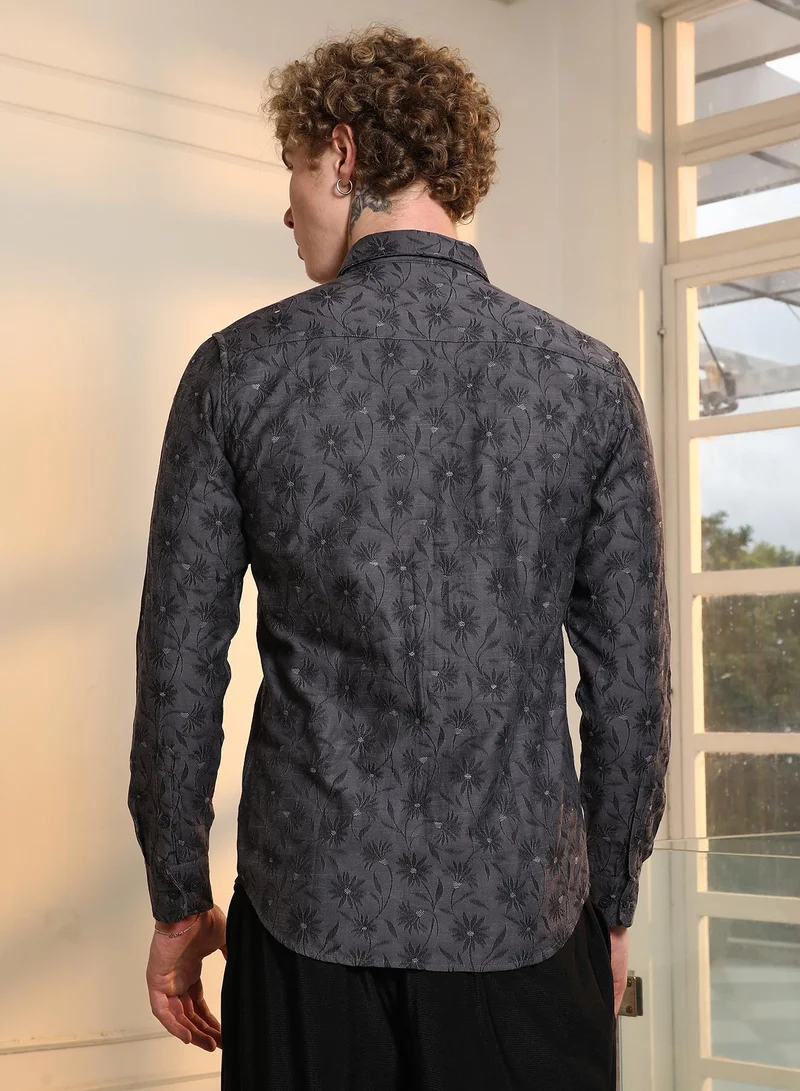 Campus Sutra Men's Dark Grey Floral Self Design Slim Fit Shirt