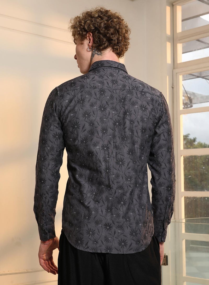 Campus Sutra Men's Dark Grey Floral Self Design Slim Fit Shirt - Image 5
