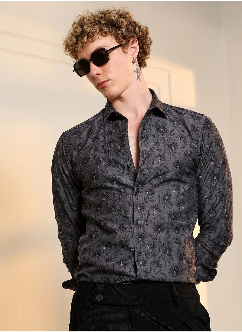 كامبوس سوترا Men's Dark Grey Floral Self Design Slim Fit Shirt