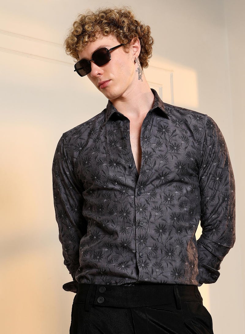 Campus Sutra Men's Dark Grey Floral Self Design Slim Fit Shirt - Image 1