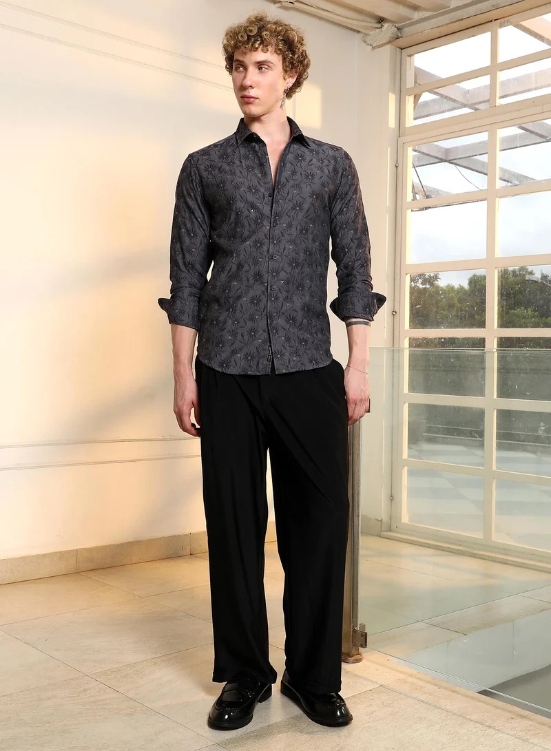 Campus Sutra Men's Dark Grey Floral Self Design Slim Fit Shirt