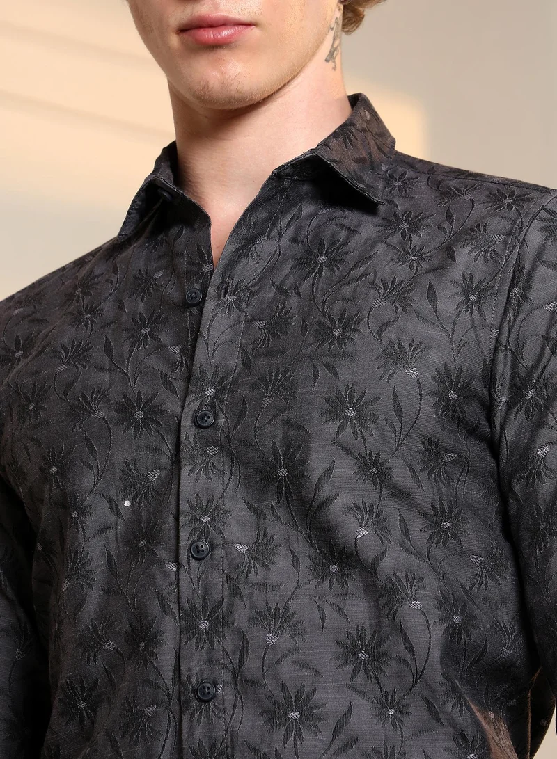 Campus Sutra Men's Dark Grey Floral Self Design Slim Fit Shirt