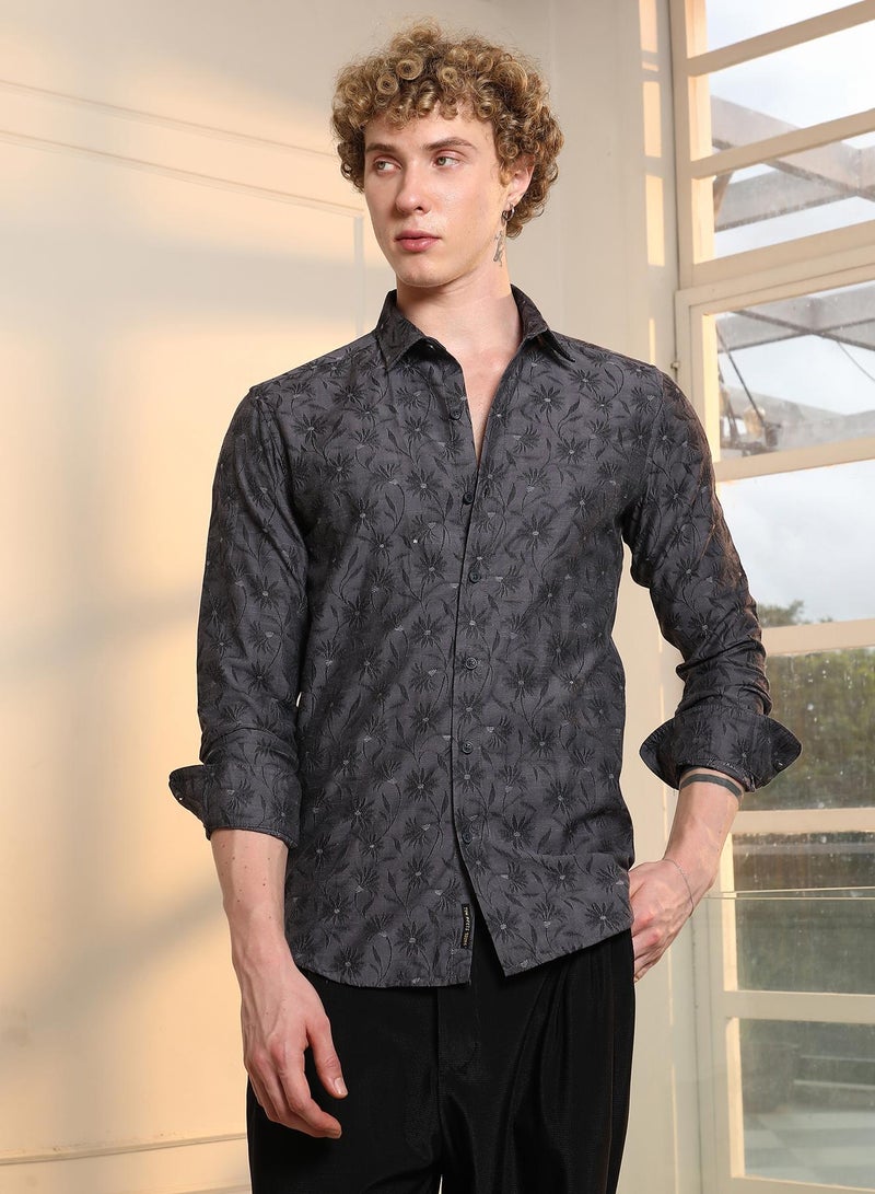 Campus Sutra Men's Dark Grey Floral Self Design Slim Fit Shirt - Image 2