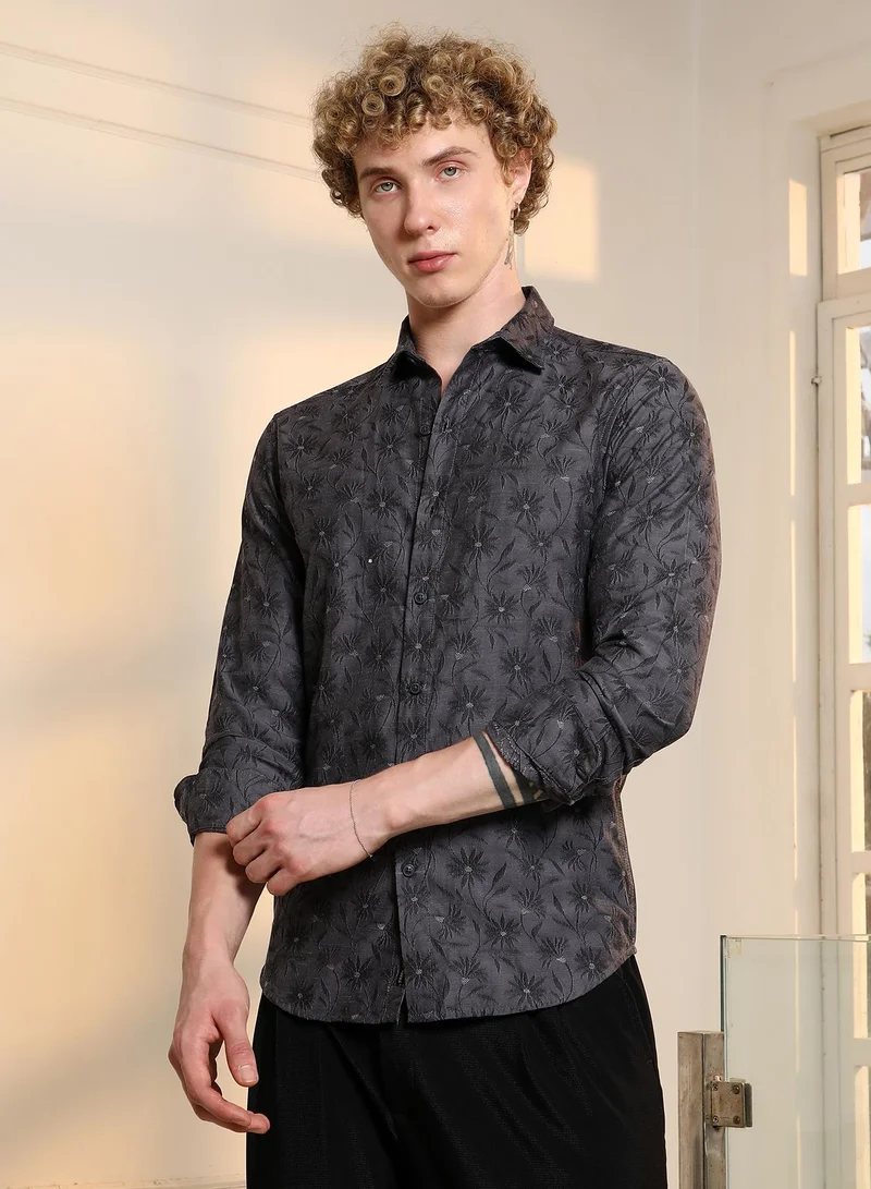 Campus Sutra Men's Dark Grey Floral Self Design Slim Fit Shirt