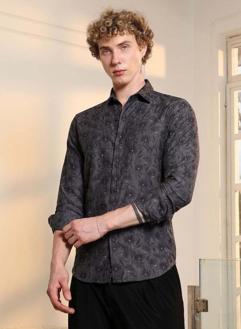 Campus Sutra Men's Dark Grey Floral Self Design Slim Fit Shirt - Image 3