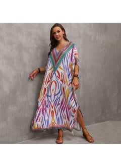 2022 Boho Cotton Print Beach Cover-Up V-Neck Maxi DN0920-1 white background color pattern