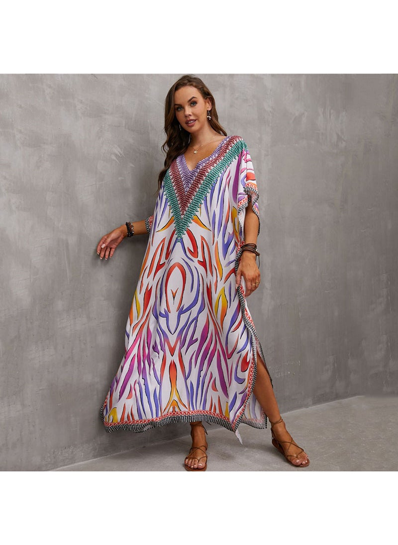 Generic - 2022 Boho Cotton Print Beach Cover-Up V-Neck Maxi DN0920-1 white background color pattern - Image 1