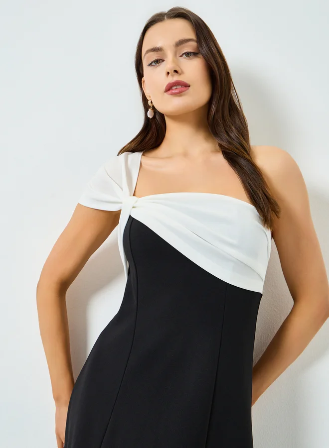 Take Two Black Color Block One Shoulder A-Line Maxi Dress