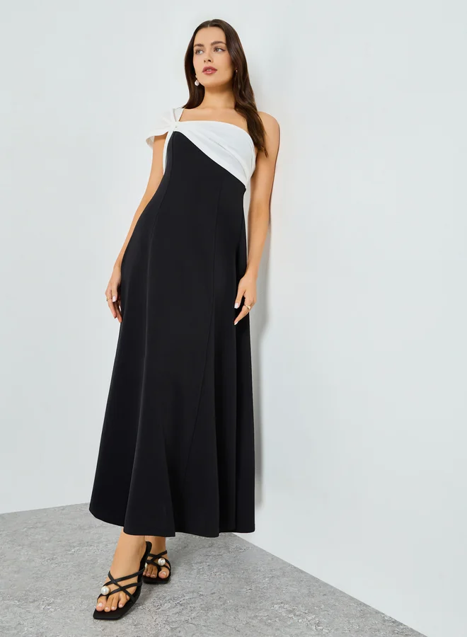 Take Two Black Color Block One Shoulder A-Line Maxi Dress