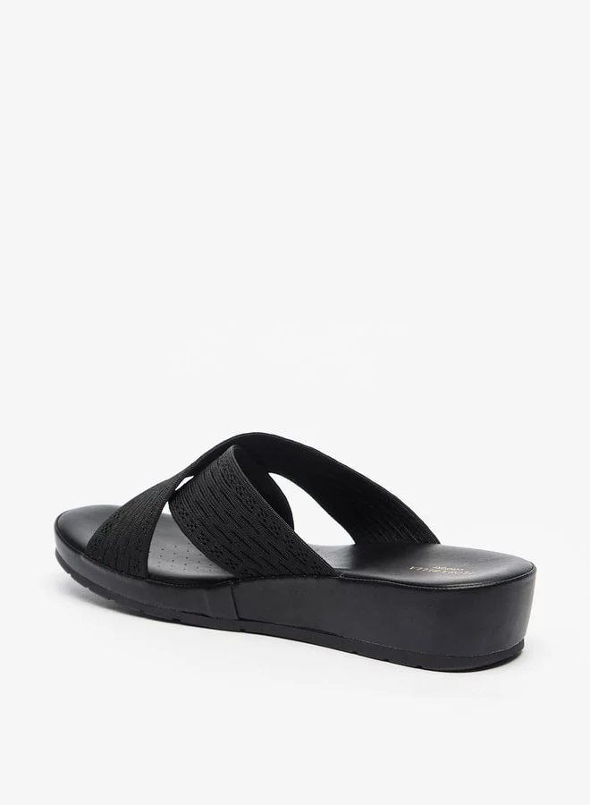Flora Bella By Shoexpress BLACK Textured Slip-On Cross Strap Sandals with Wedge Heels for Women | Best Price UAE