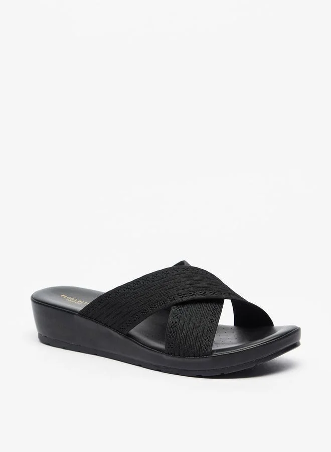 Flora Bella By Shoexpress BLACK Textured Slip-On Cross Strap Sandals with Wedge Heels for Women | Best Price UAE