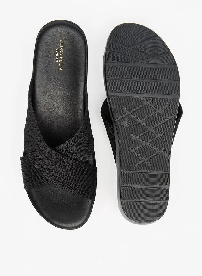 Flora Bella By Shoexpress BLACK Textured Slip-On Cross Strap Sandals with Wedge Heels for Women | Best Price UAE