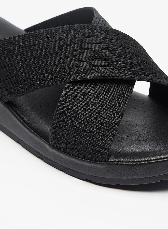Flora Bella By Shoexpress BLACK Textured Slip-On Cross Strap Sandals with Wedge Heels for Women | Best Price UAE