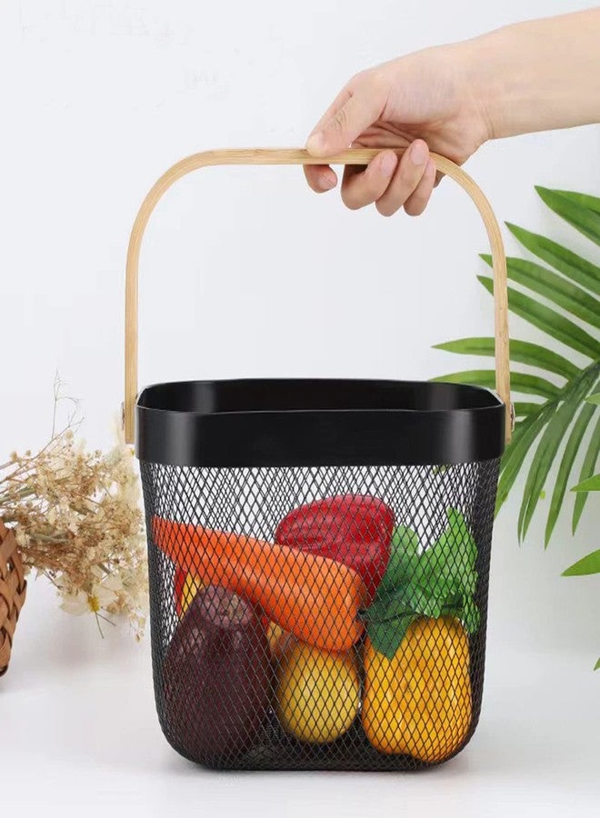 AJIODA 2 Pack Metal Mesh Steel Basket, Storage Organizer Basket Multi-function Hanging Kitchen Baskets Fruit Basket Bin with Wood Handle for Kitchen Bathroom Picnic Cabinet Home Decor, Black - Image 2