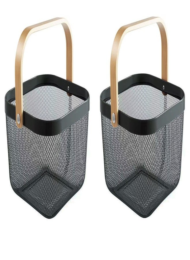 AJIODA 2 Pack Metal Mesh Steel Basket, Storage Organizer Basket Multi-function Hanging Kitchen Baskets Fruit Basket Bin with Wood Handle for Kitchen Bathroom Picnic Cabinet Home Decor, Black - Image 1