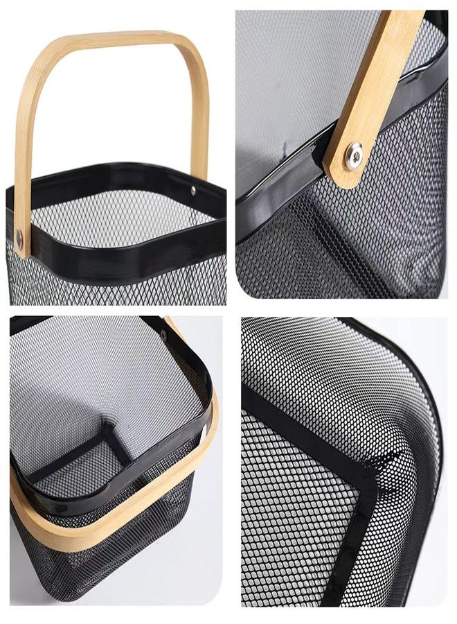 AJIODA 2 Pack Metal Mesh Steel Basket, Storage Organizer Basket Multi-function Hanging Kitchen Baskets Fruit Basket Bin with Wood Handle for Kitchen Bathroom Picnic Cabinet Home Decor, Black - Image 4