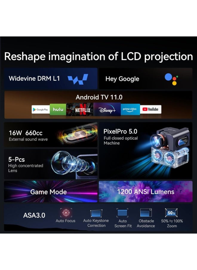 wanbo - Upgraded Mozart 1 Pro 4K Supported Projector with Android TV 11, 1200 ANSI Smart Projector with WiFi and Bluetooth. 16W Speakers, Auto Focus & Keystone, Home Outdoor Projector with Netflix 10000+ Apps - Image 1