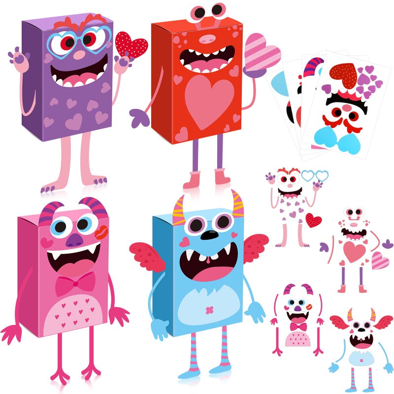 Chivertion 12 Sets Valentine Box Craft Kits Valentines Monster Paper Box Crafts Bulk Make Your Own DIY Ornament for Valentine Exchange Gift School Home Family Party Supplies - Image 1