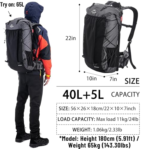 windhike Naturehike Rock-40L/60L+5L Internal Frame Hiking backpacking backpack, Camping Waterproof Bag, Ultralight Outdoor Daypack with Rain Cover for Hiking, Backpacking,Camping Survival(60+5L(updated)) - Image 2