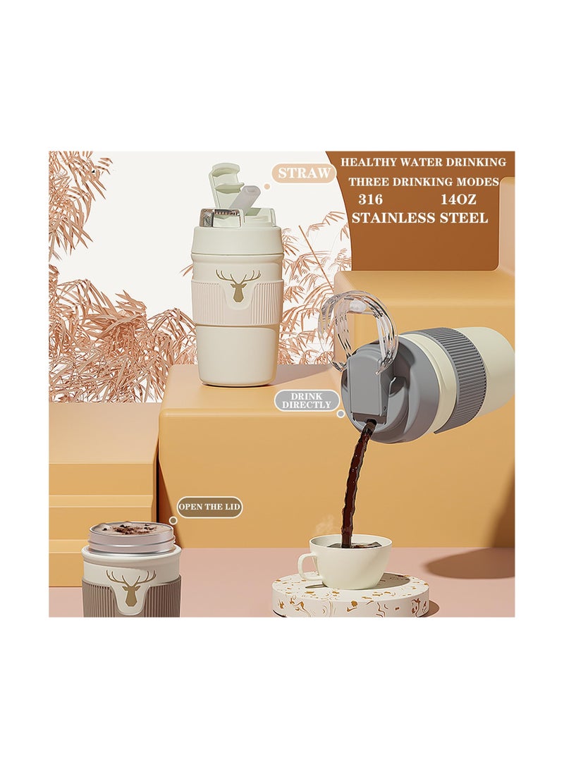 SYOSI كوب 14 أونصة مع غطاء، كوب معزول فراغي حراري للسفر من الفولاذ المقاوم للصدأ خالي من BPA، كوب قهوة للسفر، كوب قهوة مع مصاصة، كوب قهوة بغطاء منزلق مقاوم للرش (أبيض) - Image 2